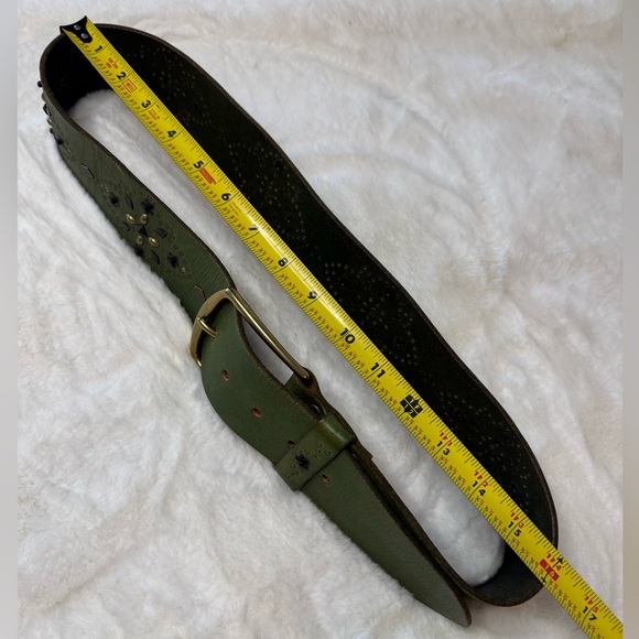 Linea Pelle Genuine Leather Green Vtg Bohemian Western Belt, Solid Brass Buckle - Picture 10 of 15
